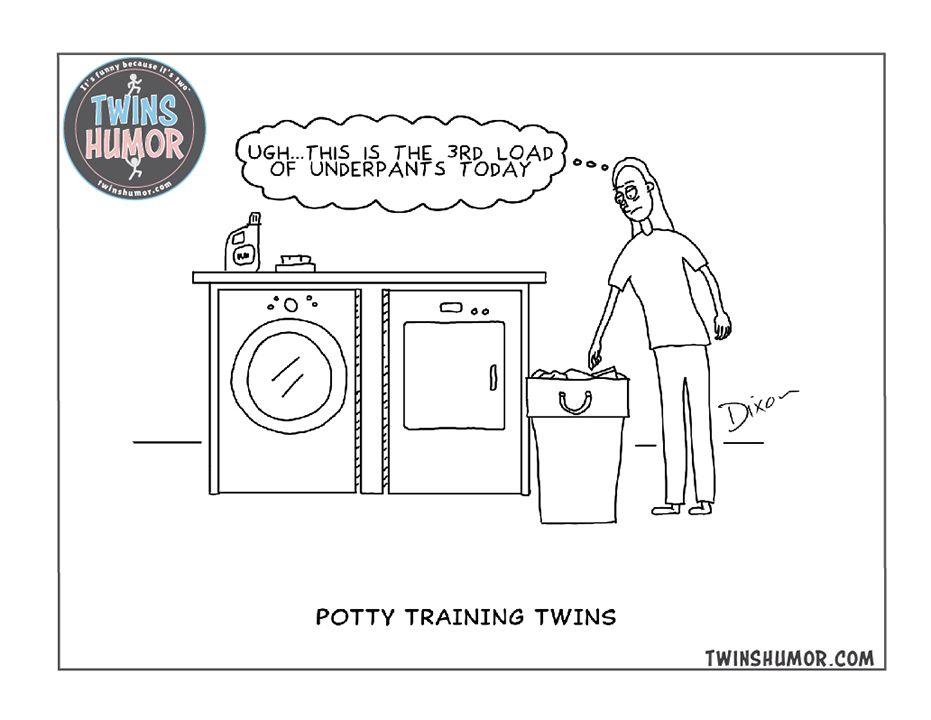 Cartoon of mom of twins complaining about another load of laundry dirty during potty training.